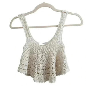 𝅺New Millau Boho Unlined Cream Crochet Cropped Flowy Tank Top